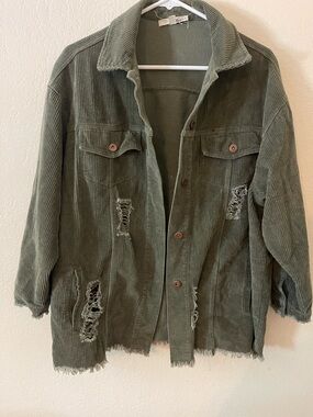 Olive Green Distressed Corduroy Overshirt Jacket - Women